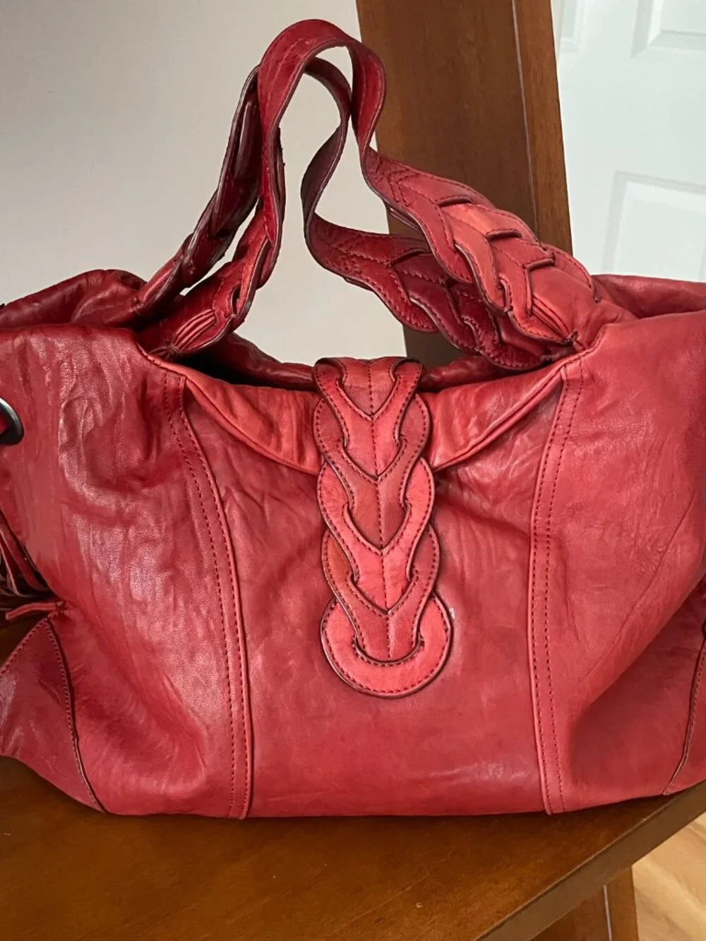 Junior Drake Berry Red Braided Leather Athena Hobo Bag